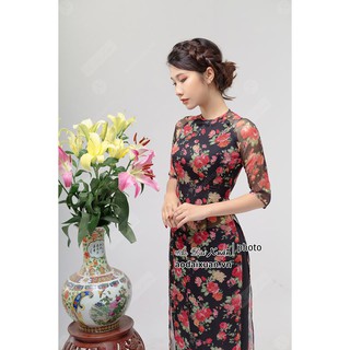 Áo dài voan tơ đen hoa nhí cỡ M, cỡ XL, kiểu áo dài cổ tròn