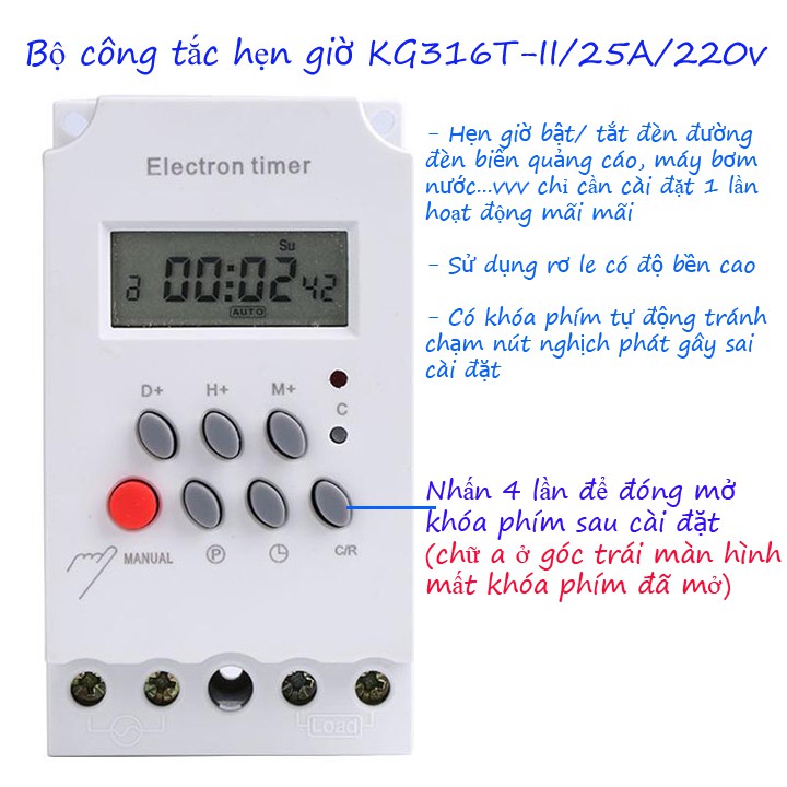 Công tắc hẹn giờ Kg316T-II/25A/220V khóa phím, bộ hẹn giờ bật tắt thiết bị điện, hẹn giờ bật tắt tự động