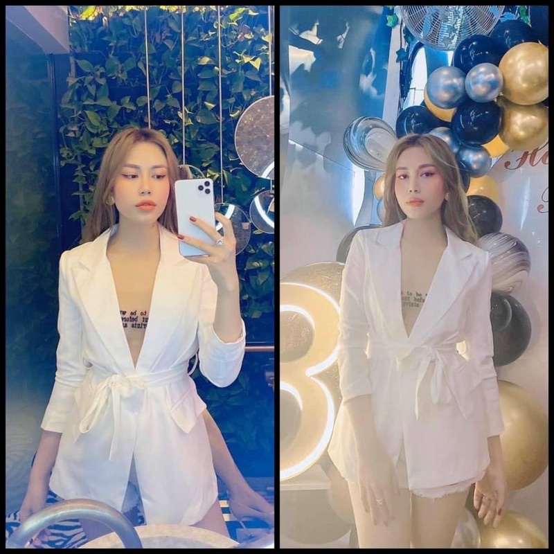 Áo khoác vest nữ dáng dài cột eo chất tuyết mưa