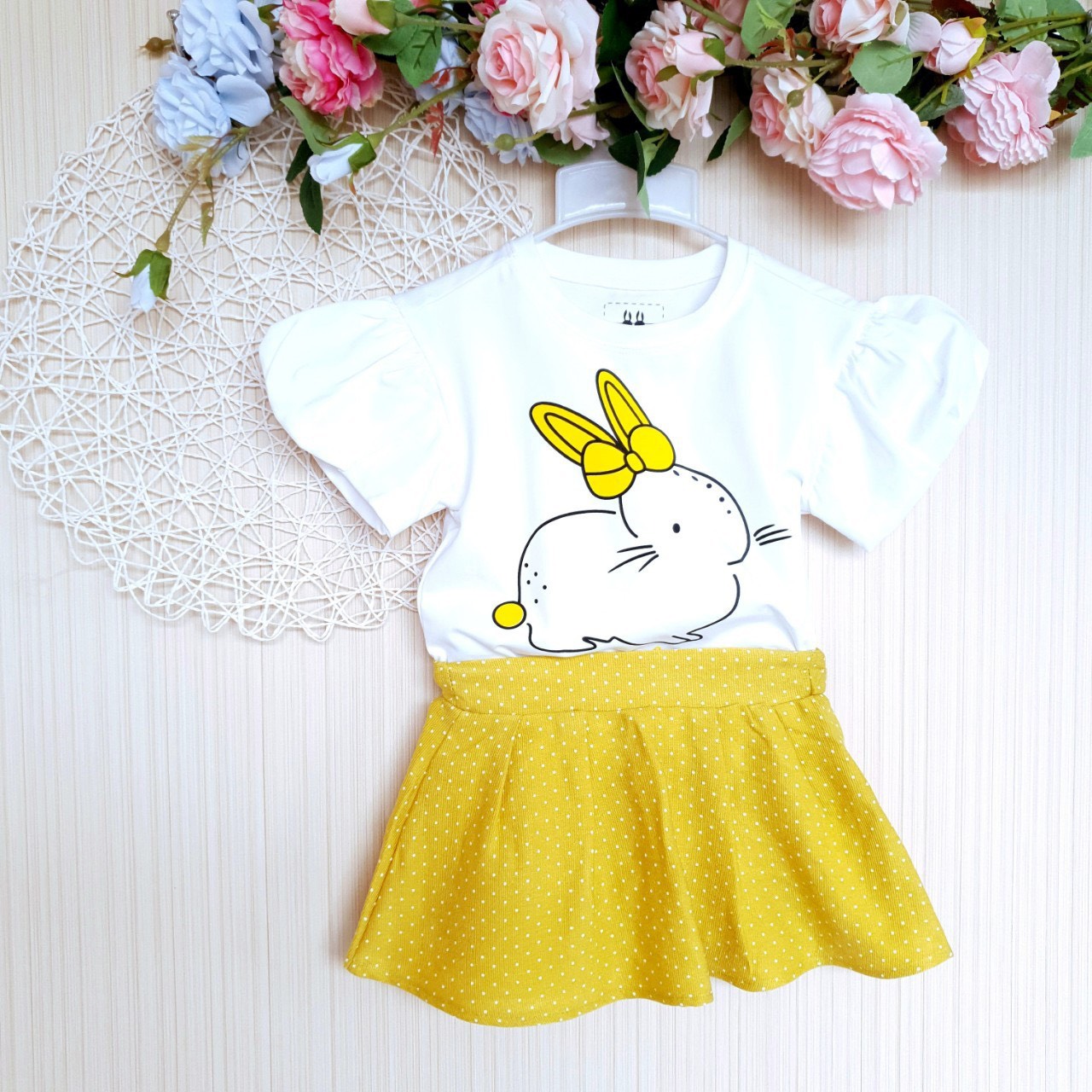 SIZE 3-16 (10-40KG) SET ÁO VÁY BÉ GÁI VẢI THUN COTTON 4C IN HÌNH THỎ CỰC XINH