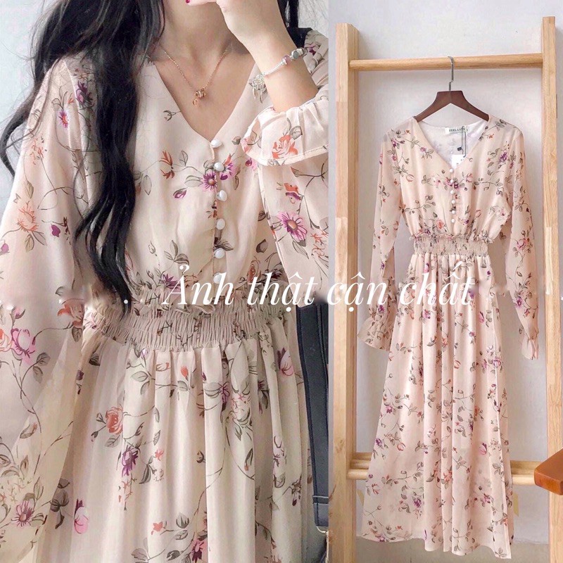 Váy Hoa ulzzang dáng dài cúc bọc voan tơ Quảng Châu Đầm hoa nhí vintage dáng dài