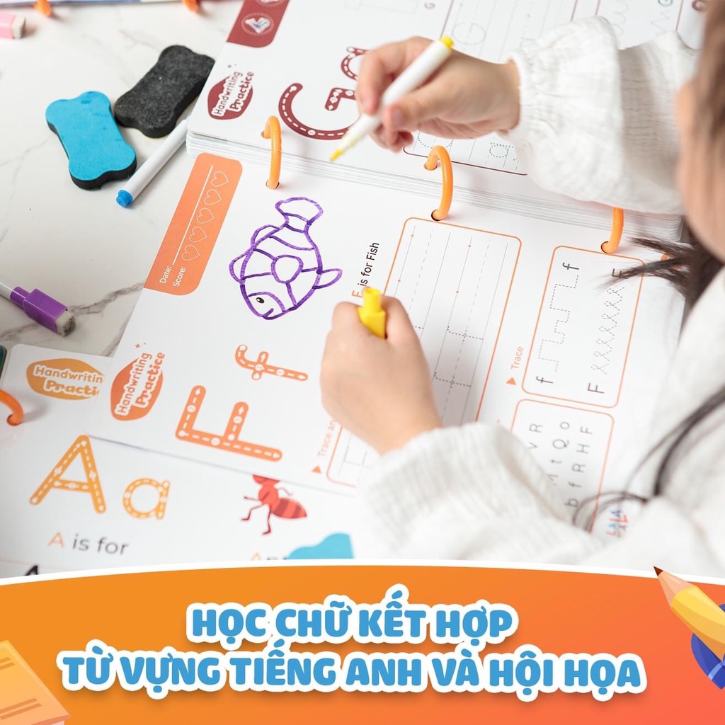Sách luyện viết, học tiếng Anh Write Me Lalala Baby, bôi xóa được, tặng kèm 5 bút + cục bôi