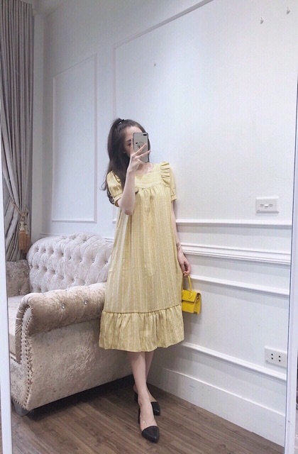 Váy bầu đẹp dáng suông bèo vai đuôi cá váy sọc caro đầm bầu bigsize maternity dress