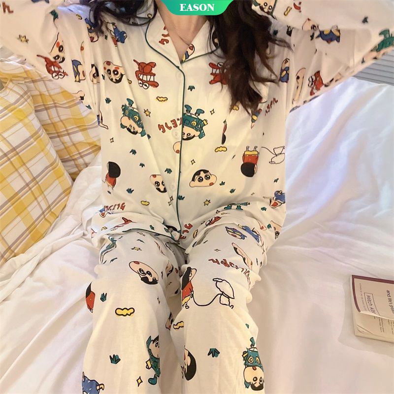 Bộ Đồ Ngủ Tay Dài In Hoạt Hình Cậu Bé Bút Chì Dễ Thương Thời Trang Xuân Thu