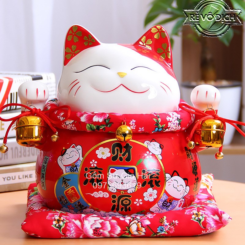 Mèo Thần Tài đỏ giơ 2 tay mèo may mắn maneki neko phúc lộc viên mãn-Đa Phú Quý 20cm kèm đệm
