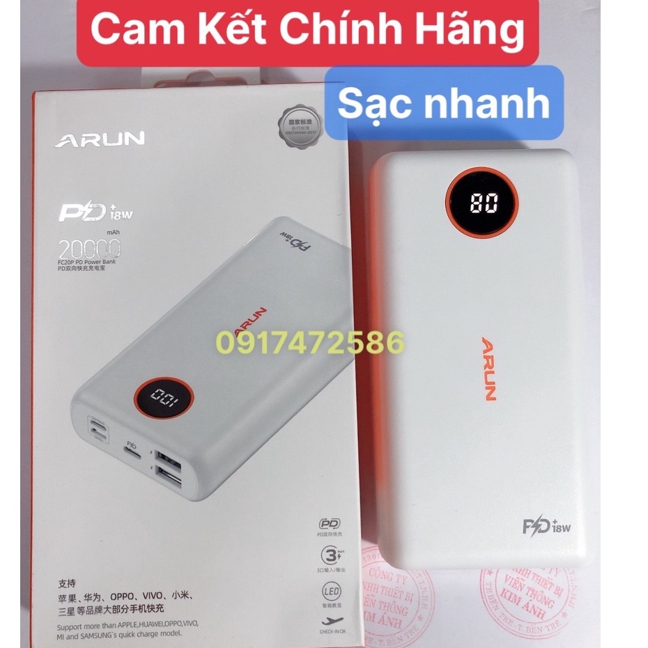 Sạc Dự Phòng Arun FC20P Pro 20000 mAh (PD 22.5W, QC3.0) Sạc Nhanh 2 Chiều Type C, Hàng chính hãng