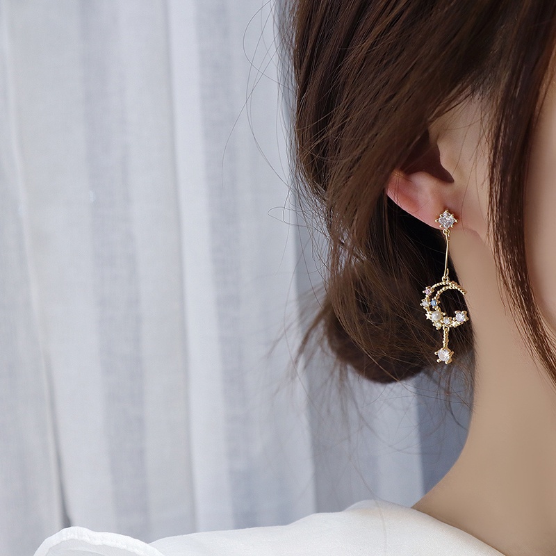 Bông tai hình mặt trăng đính đá trong suốt 14K nhiều màu sắc