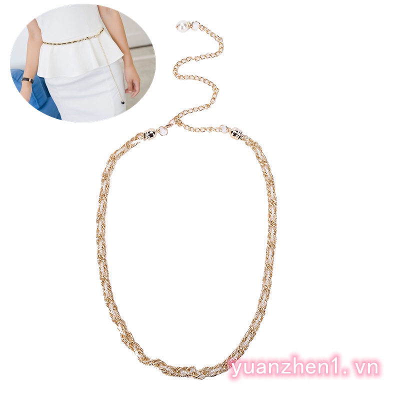[YUANZHEN1] Thắt Lưng Nữ Dây Xích Kim Loại Vàng Đính Hạt Ngọc Trai