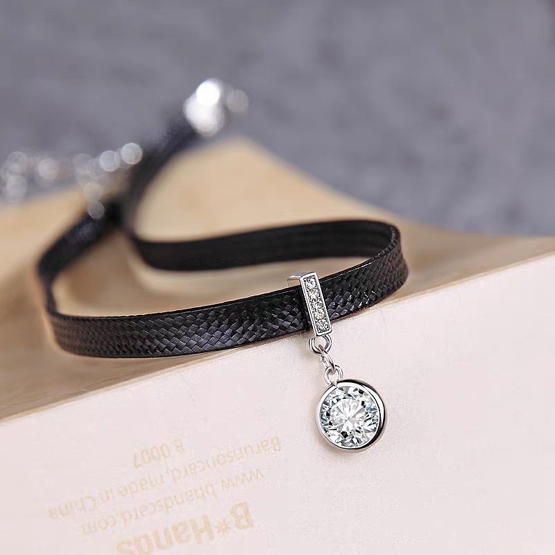 Vòng Cổ Choker Dây Da Đính Đá Phong Cách Hàn Quốc Đơn Giản Thời Trang