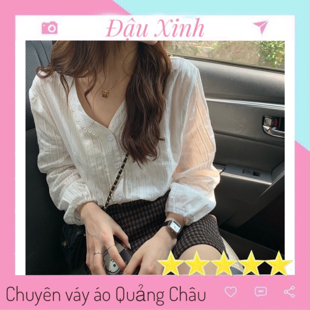 Áo sơ mi nữ trắng kiểu cổ v công sở hàn quốc dáng tay dài đẹp - 816