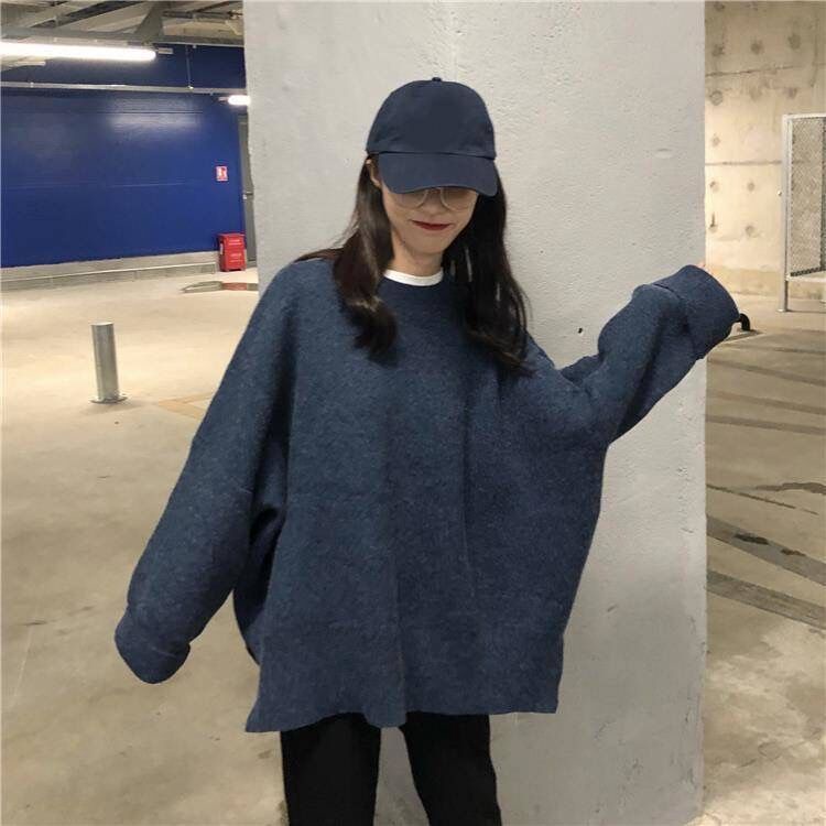 Mi Áo Sweater Dệt Kim Màu Trơn Dáng Rộng Xẻ Tà Kiểu Hàn Quốc Thời Trang Thu Đông Cho Nữ