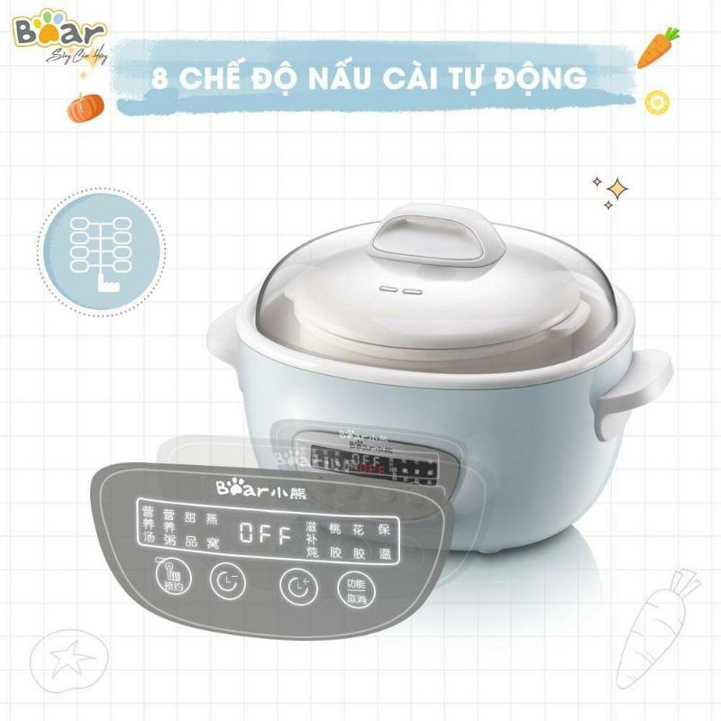 Bộ nồi nấu cháo chậm Bear 5 lõi 2.5L SUBE003 - mẫu nồi nấu chậm, hầm cháo chậm cho bé, hầm thức ăn giá trị dinh dưỡng ca