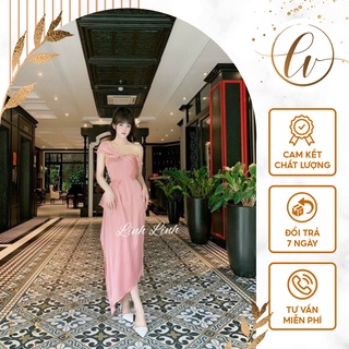 Váy lệch vai hồng chất vải lụa mềm mại thời trang - LL019