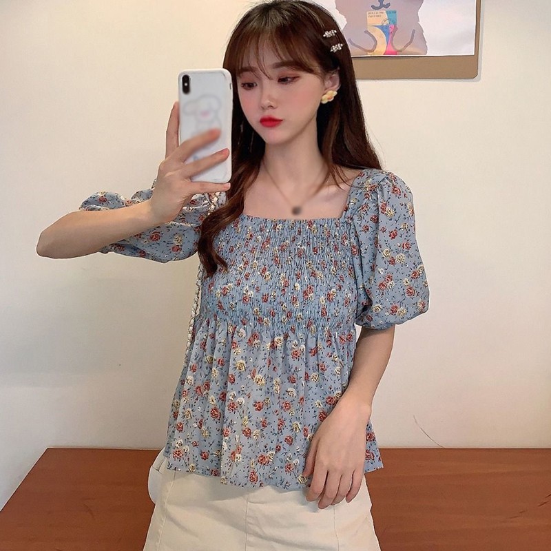 Áo Tay Ngắn Cổ Chữ U Họa Tiết Hoa Xinh Xắn Thời Trang Mùa Hè Dành Cho Nữ