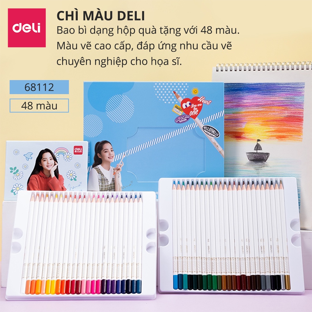 Bút chì màu gốc dầu cao cấp Deli - 48 màu - 1 Hộp - 68112