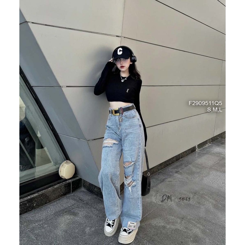 Quần jean dài ống suông mài rách đùi hai bên lai gắn mác chữ lưng cao tôn dáng!