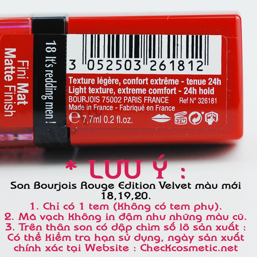 Son Bourjois Rouge Paris Edition Velvet Số 01 Màu Đỏ Tươi