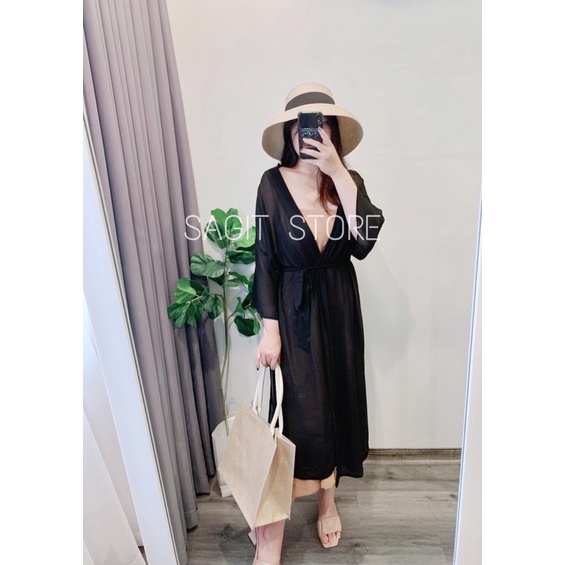 ÁO KHOÁC KIMONO ĐI BIỂN ĐEN TRẮNG DÁNG DÀI RỘNG KÈM ĐAI EO FREESIZE 45-85kg