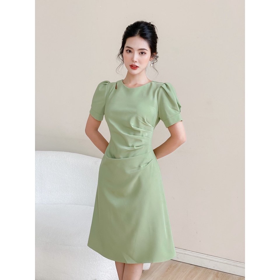 Váy cách điệu eo màu xanh YV01 vải trượt hàn cao cấp YAME