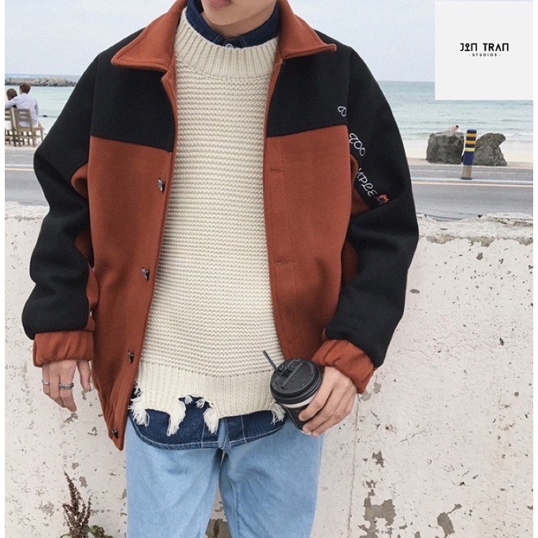 Áo khoác bomber Hàn quốc phối màu nâu đen gài cúc Too young