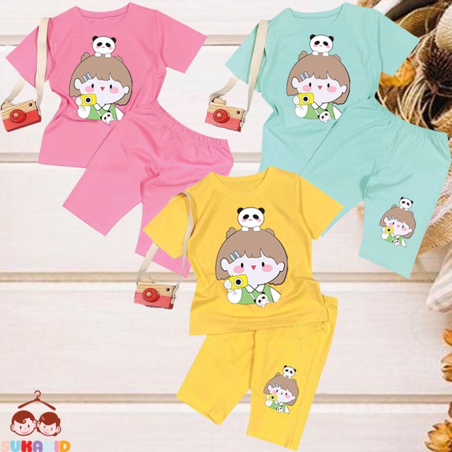 ( Km ) Combo 3 Đồ bộ tay ngắn quần lửng hình bé gái gấu cho be từ 6kg-29kg.BDBG63.