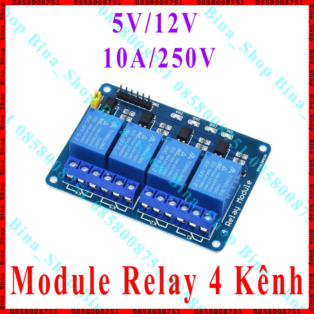 Module relay 4 kênh 5V/12V 10A/250V có Opto cách ly đóng ngắt mạch điện