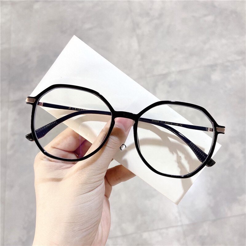 Mắt kính cận thời trang nữ siêu nhẹ, gọng kính vuông đa giác to cản bụi bảo vệ mắt với tròng 0 độ đeo giả cận 052