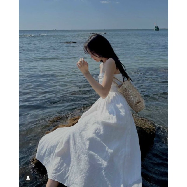 ĐẦM MIDI 2 DÂY TRẮNG XẾP LY NGỰC