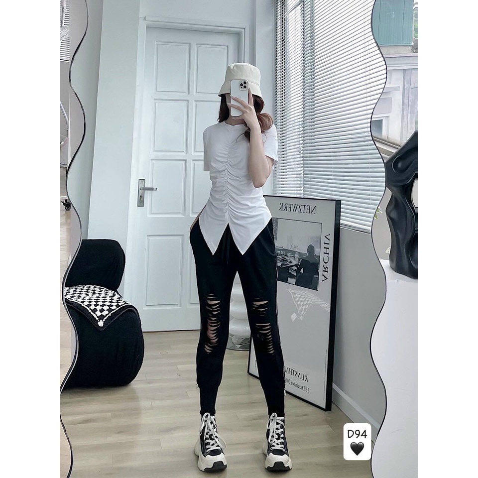 SET Quần áo jogger nữ khoá rách 100% COTTON cao cấp 2 màu đen trắng