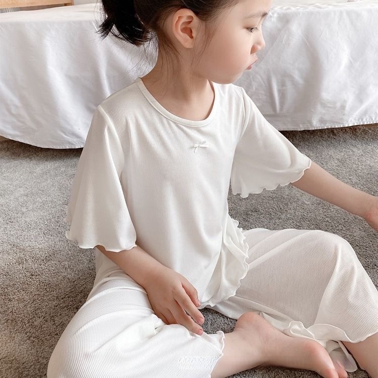 Bộ Đồ Ngủ Áo Tay Ngắn Phối Quần short Vải  Mỏng Màu Trơn Thời Trang Mùa Hè Dễ Thương Cho Bé Gái 0-7 Tuổi