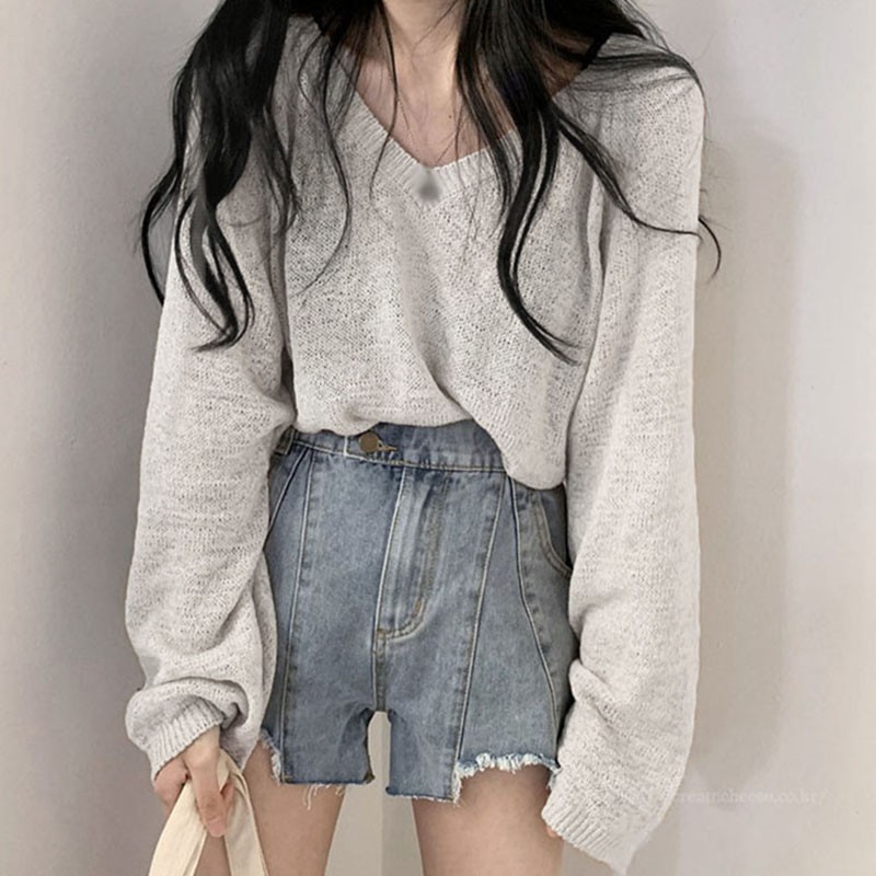 Áo sweater kiểu mỏng tay dài dáng rộng phong cách Hàn Quốc xinh xắn cho nữ