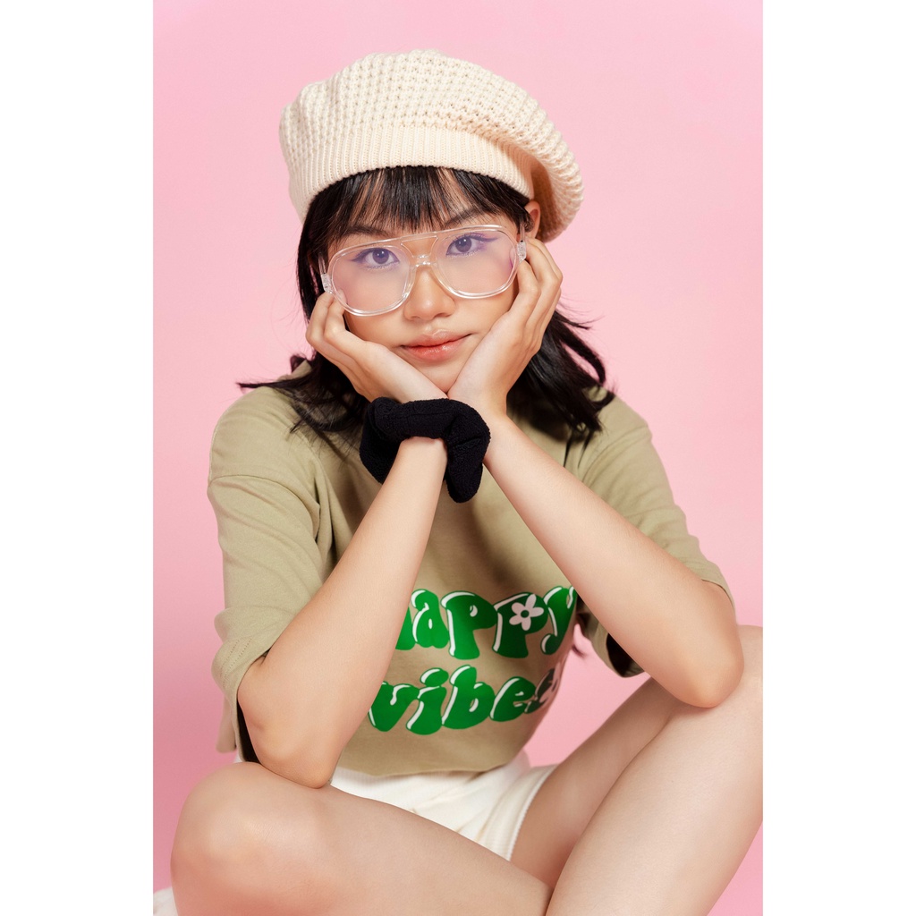 Áo thun oversize tay lỡ áo phông cotton nữ in chữ happy vibes thời trang GAGO màu rêu GA3831