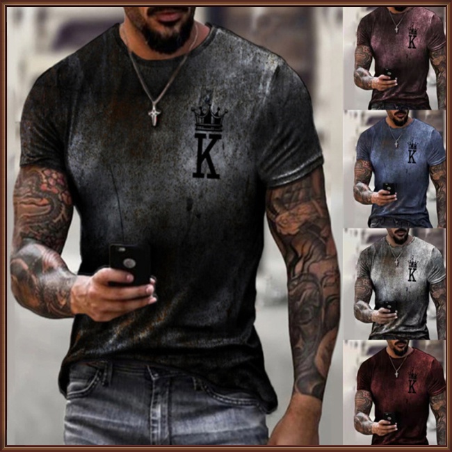 Áo Thun Cổ Tròn Tay Ngắn Dáng Rộng In Hoạ Tiết Lá Bài Poker Màu Gradient Thời Trang Cho Nam Giới