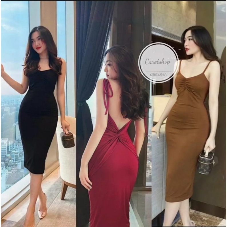 Đầm body xoắn lưng dây cột vai ( len tăm có mút ngực )