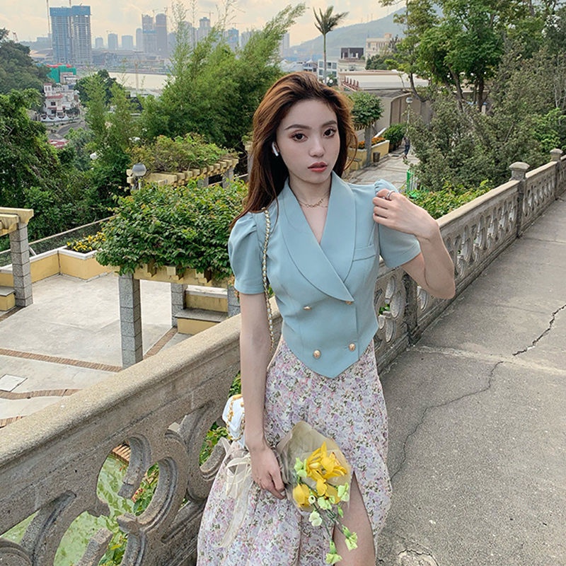 Áo khoác ngắn tay phồng hai hàng nút màu sắc ngọt ngào thời trang mùa hè dành cho nữ | BigBuy360 - bigbuy360.vn