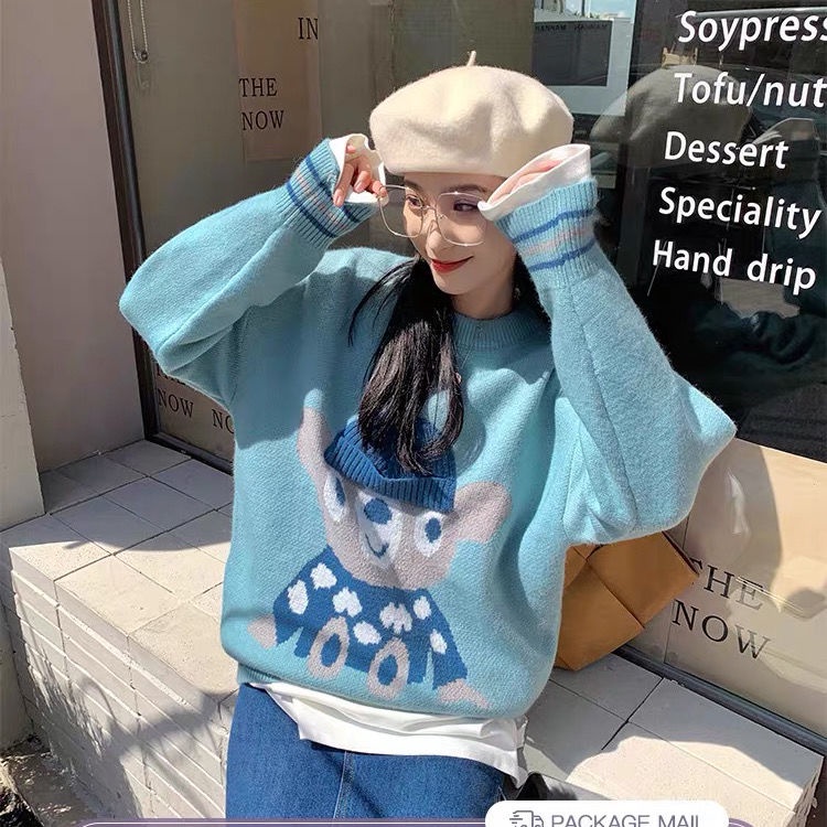 Áo Sweater Dệt Kim Dáng Rộng In Hình Chú Gấu Màu Xanh Dương Kiểu Hàn Quốc Thời Trang Mùa Thu Mới 2021
