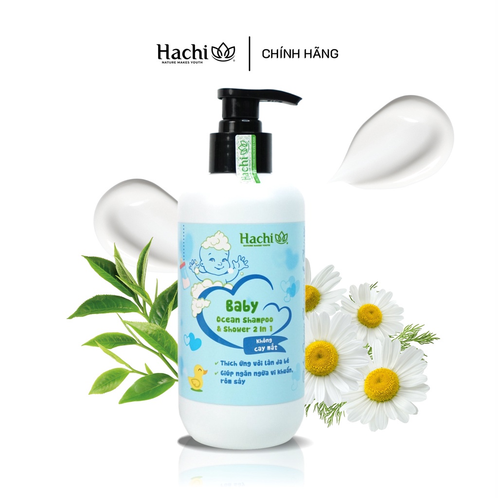 Dầu tắm gội trẻ em Hachi Baby 350ml 2 Trong 1 không cay mắt cho bé 0-6 tuổi màu xanh BABY OCEAN SHAMPOO &amp; SHOWER