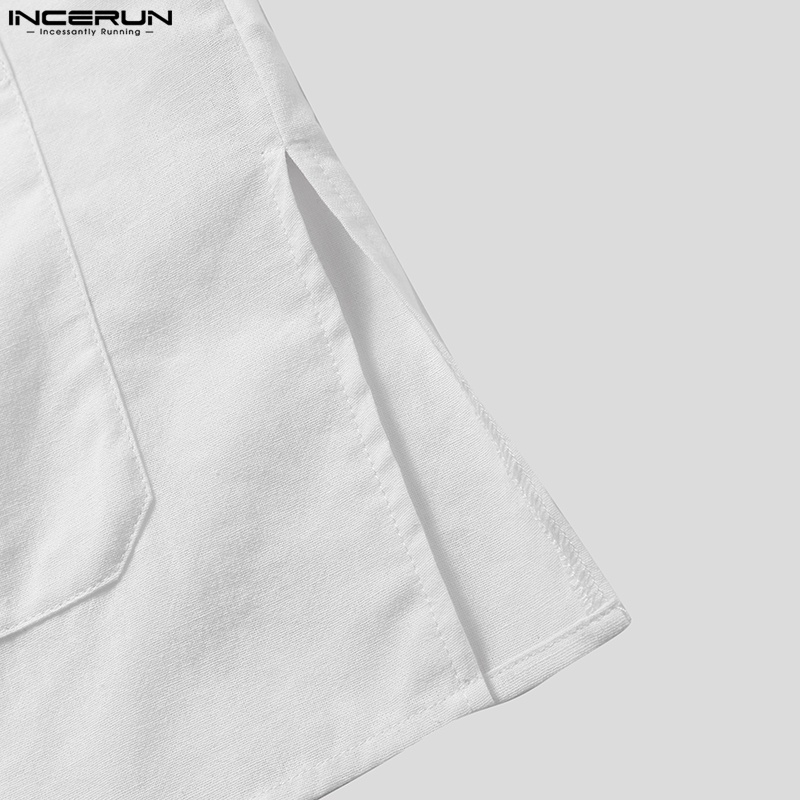 Áo sơ mi Incerun bằng cotton ngắn tay cổ đứng phối nút phong cách cổ trang Trung Hoa dành cho nam