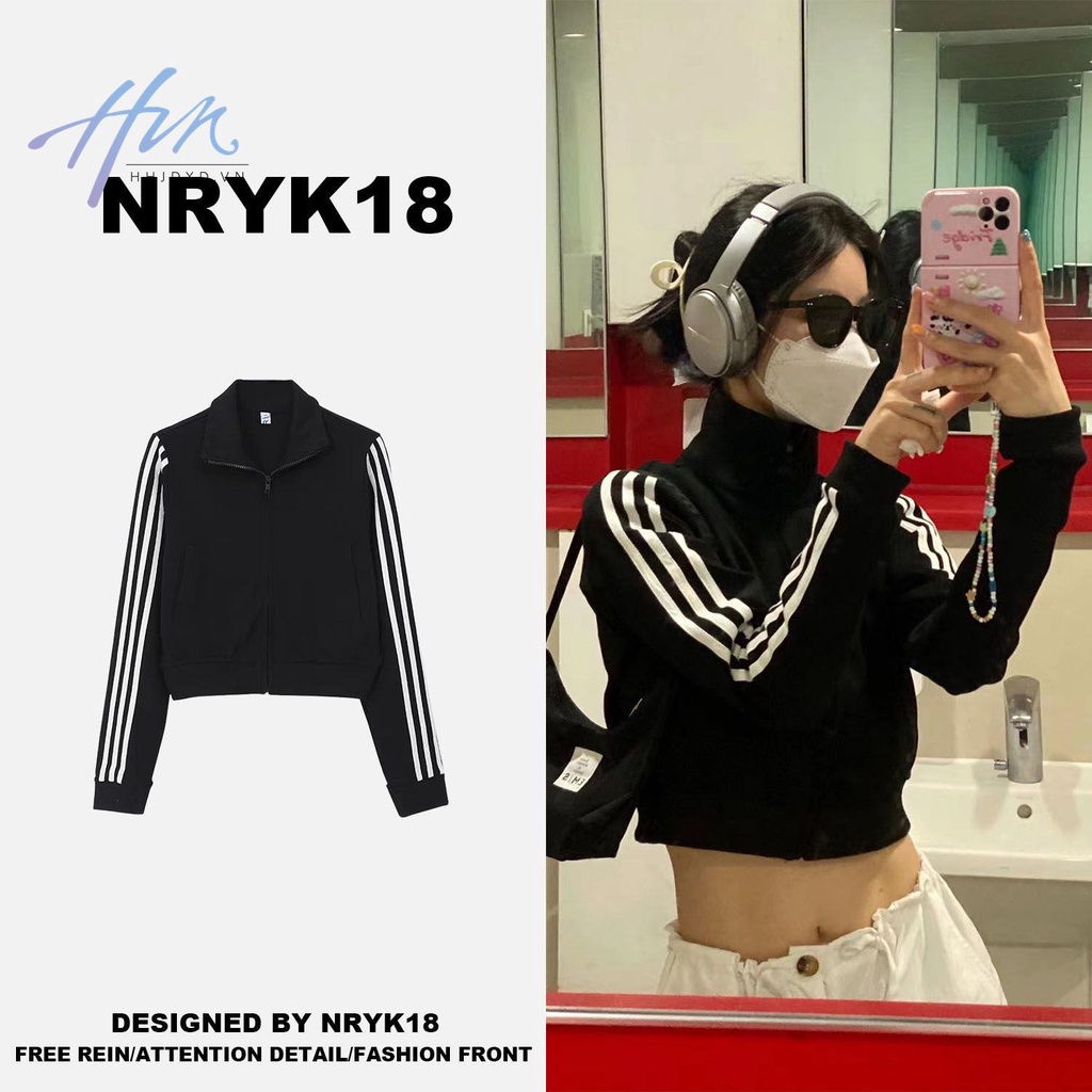Áo Khoác Thể Thao Nryk18 Dáng Ngắn Ôm Sát Họa Tiết Kẻ Sọc Thời Trang Xuân Thu Cho Nữ