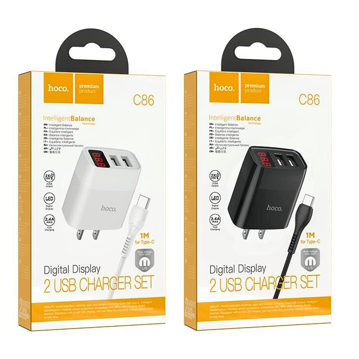 Bộ Sạc Type-C Hoco C86 Cho Samsung, Xiaomi, Oppo,... Bộ Sạc 2 Cổng Có Đèn, Sạc Nhanh MAX 2.4A [CHÍNH HÃNG]