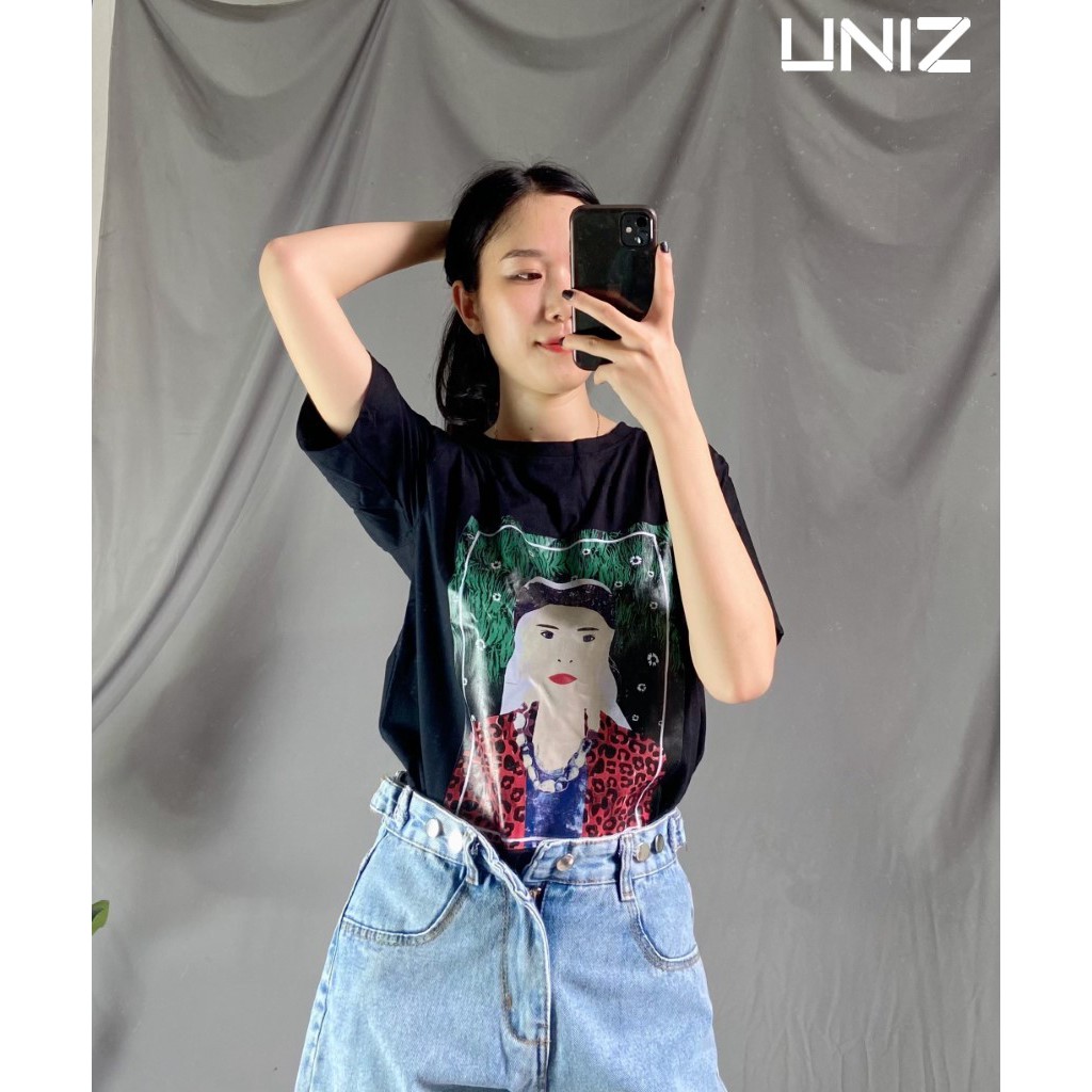 Áo Phông Nữ Hình Cô Gái UNIZ (3 Kiểu), Unisex, Dáng Dài, Cộc tay, Cổ Tròn, Form Rộng, Vải Cotton, In Hình CHỐNG BONG