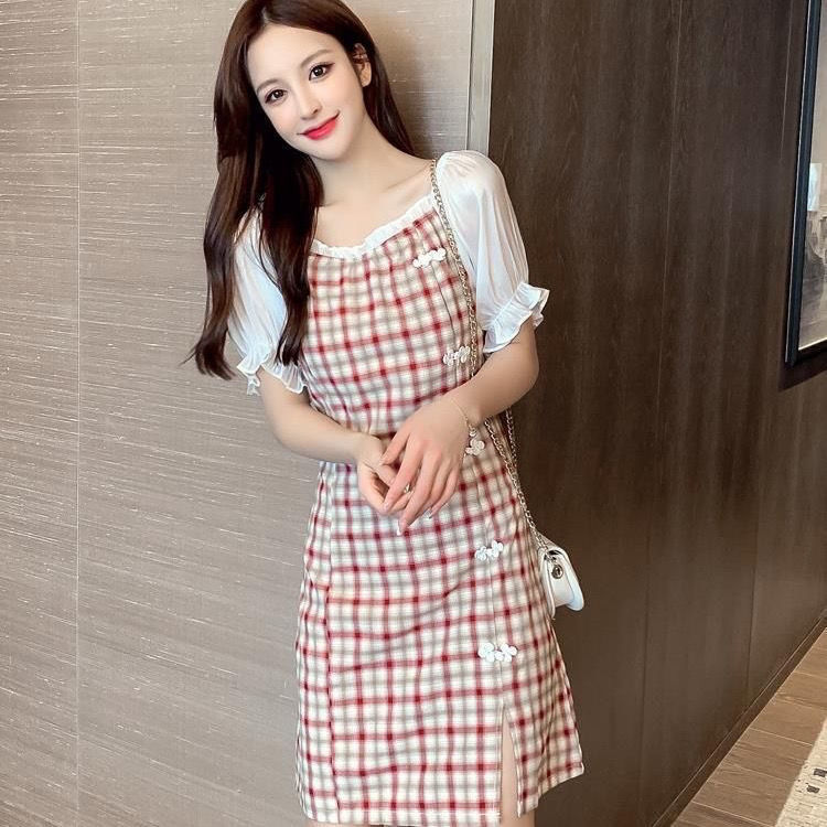 Summer split skirt Plaid cheongsam waist straight French dress | BigBuy360 - bigbuy360.vn
