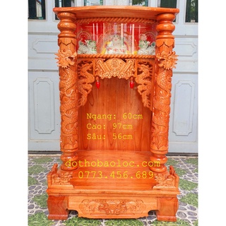 Bàn thờ thần tài ông địa gỗ xoan đào ngang 60cm quỳ trụ hộp đèn