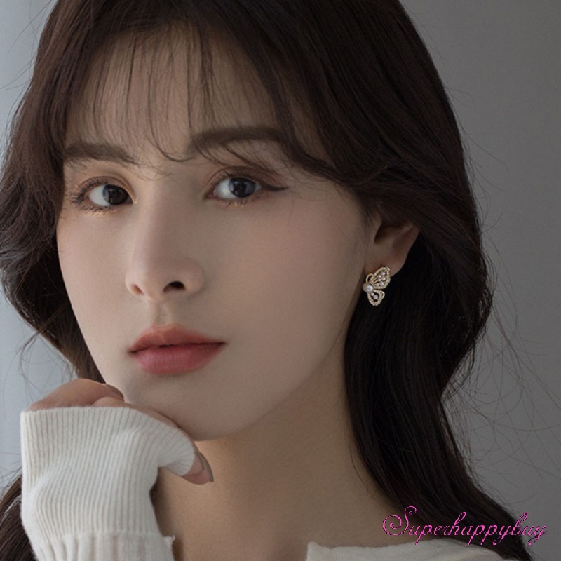 Bông Tai Mạ Bạc Hình Bướm Đính Ngọc Trai Đơn Giản Chất Lượng Cao