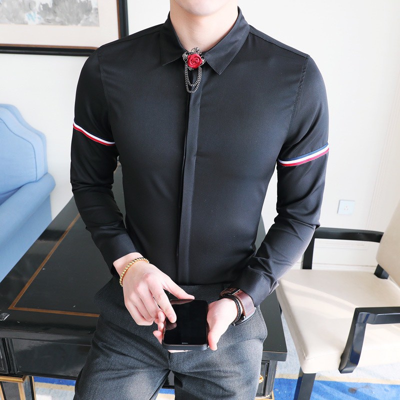 Áo sơ mi nam tay dài basic phối Kẻ Vạch tay áo chất Lụa pha cotton sịn áo sơ mi nam văn phòng dáng ôm cổ bẻ chống nhăn