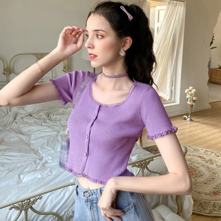 Áo thun lửng ngắn tay phối nút thời trang cho nữ