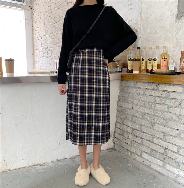 Long skirt / skirt / plaid skirt women / Korean style high waist mid-length retro Hong Kong flavor a-line skirt / A-line skirt / | BigBuy360 - bigbuy360.vn