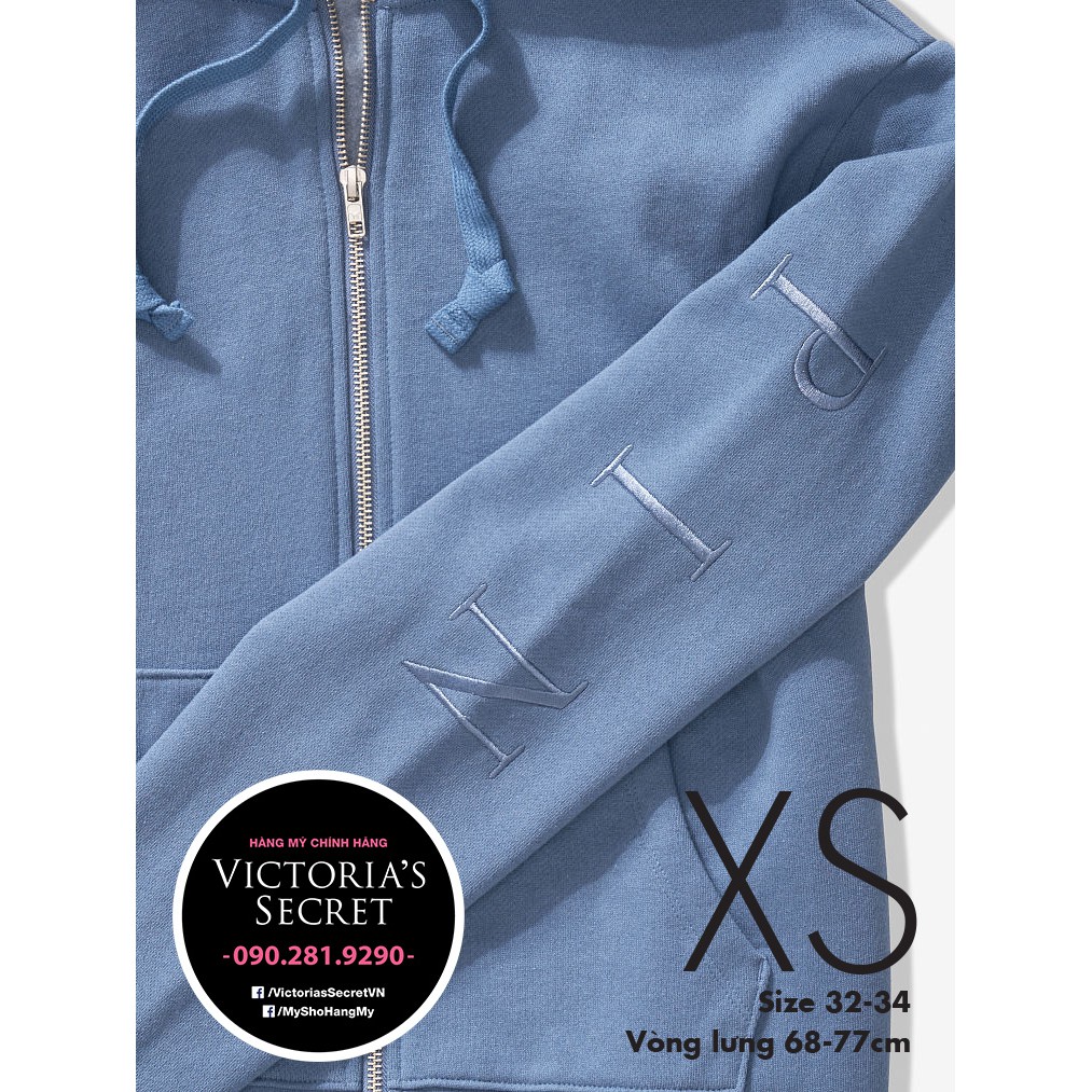 (XS và S) Áo khoác xanh có nón, Old School Blue, form vừa thoải mái, thêu chữ Pink cá tính - Victoria's Secret