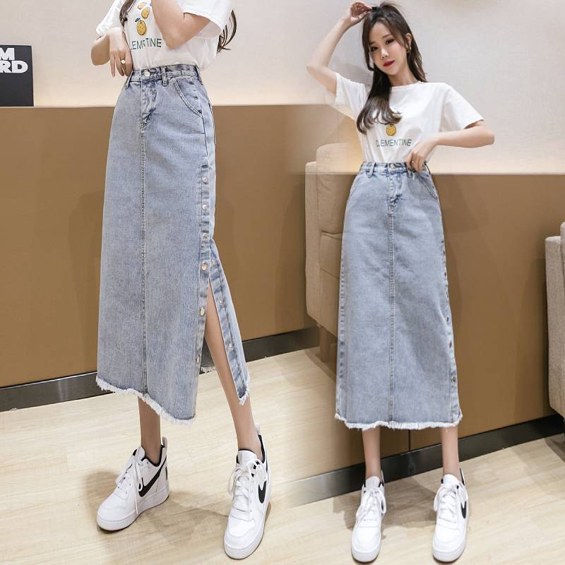 Chân Váy Denim Dài Xẻ Tà Phối Hàng Nút Phong Cách Hàn Quốc Quyến Rũ | BigBuy360 - bigbuy360.vn