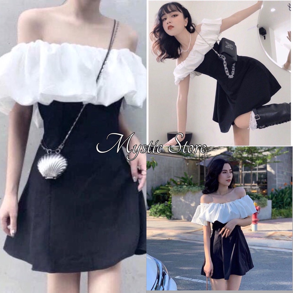 Váy Trễ Vai Phối Ngực Trắng Nữ,❤️MysticStore❤️, Đầm Body Chữ A Đen Hở Vai Phối Màu ĐEN TRẮNG